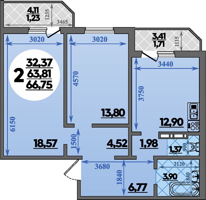 Планировка 2-комнатная 66,75 м²