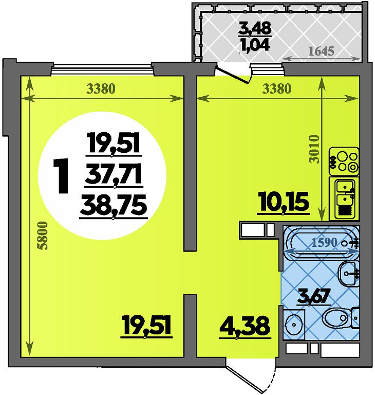 Планировка: 1-комн. квартира 38,8 м²
