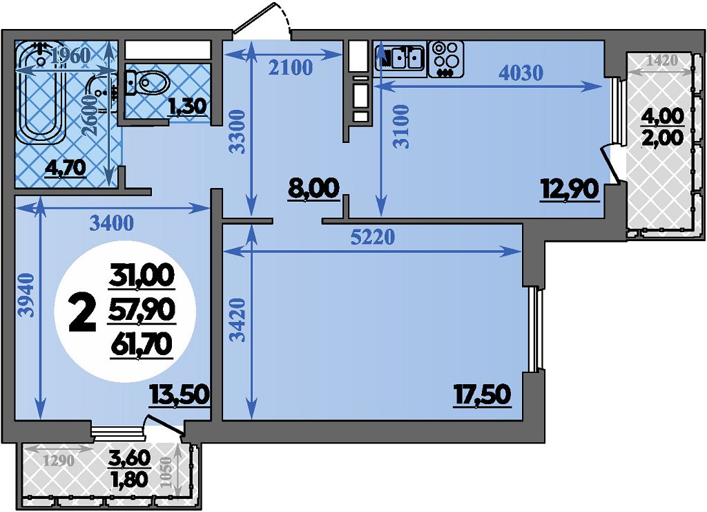 Планировка: 2-комн. квартира 61,7 м²