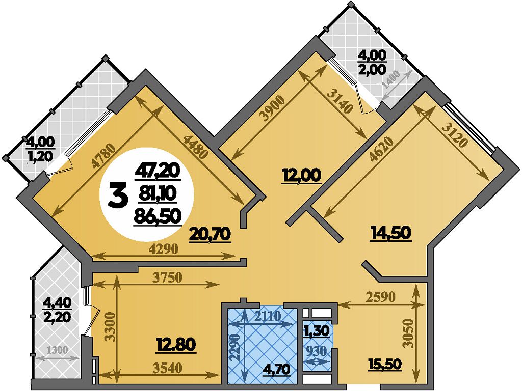 Планировка: 3-комн. квартира 86,5 м²