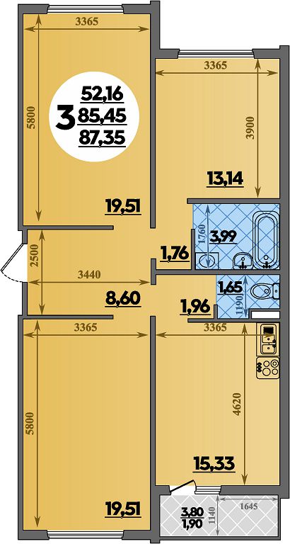 Планировка 3-комнатная 87,35 м²