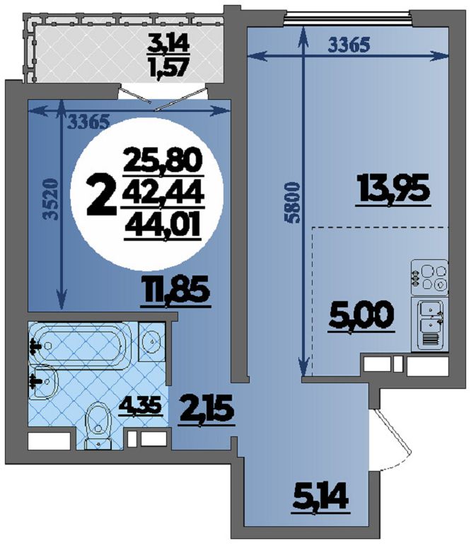 Планировка 2-комнатная 44,01 м²