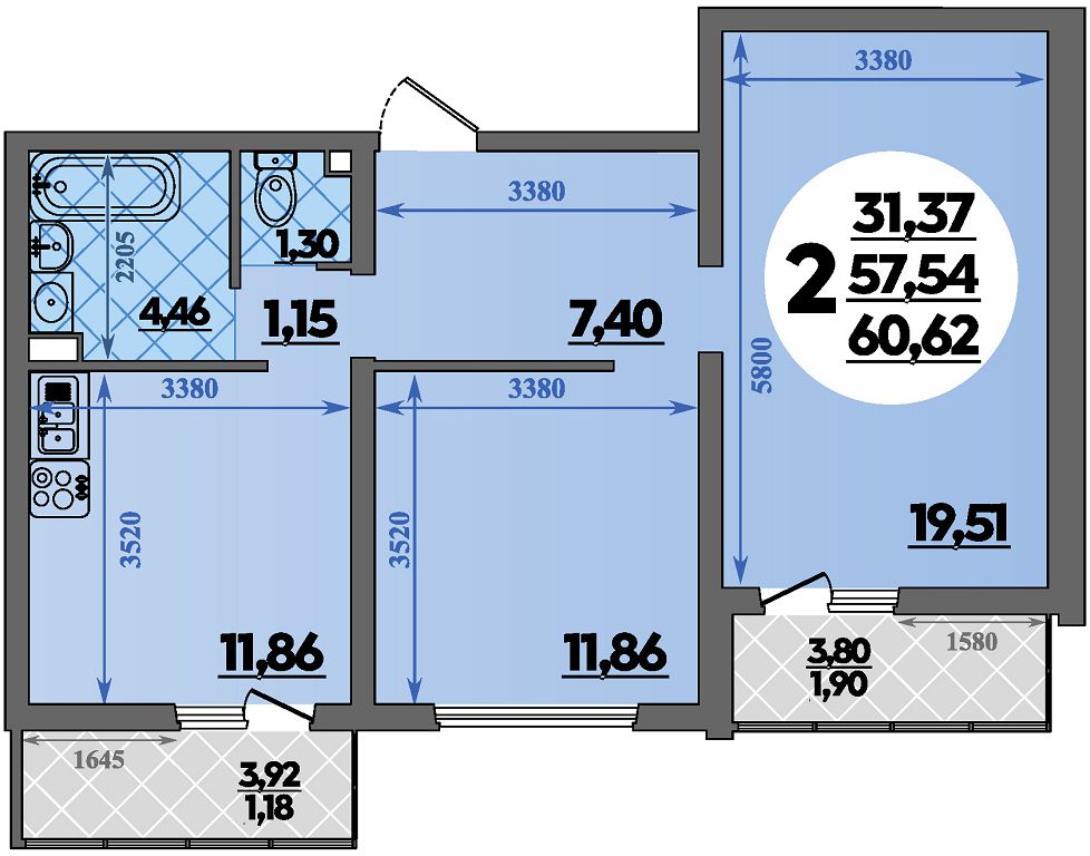 Планировка: 2-комн. квартира 60,6 м²