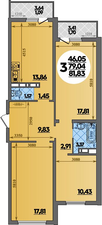 Планировка 3-комнатная 81,83 м²