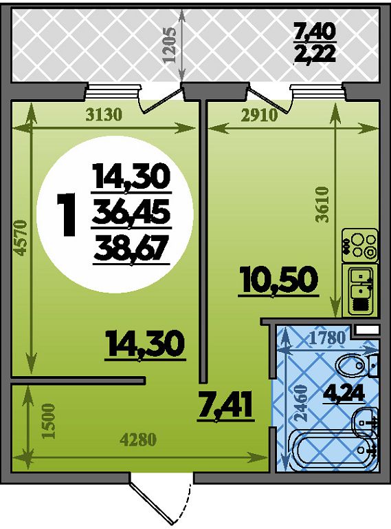 Планировка 1-комнатная 38,67 м²