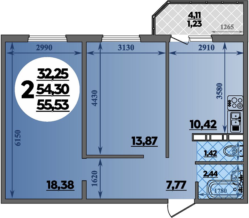 Планировка 2-комнатная 55,53 м²