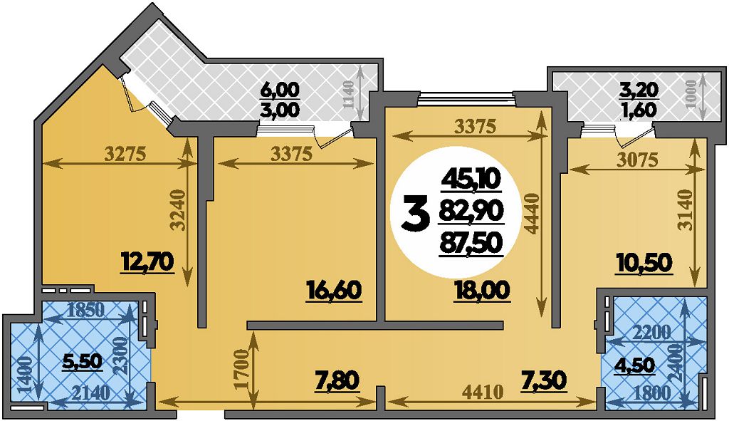 Планировка: 3-комн. квартира 87,5 м²