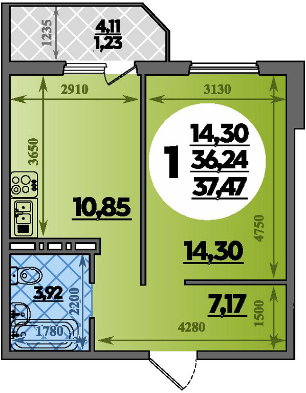 Планировка 1-комнатная 37,47 м²