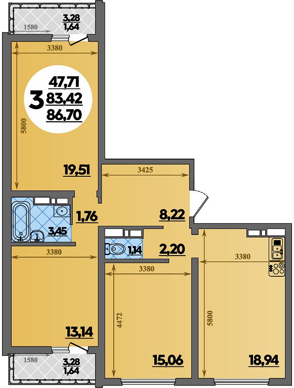 Планировка: 3-комн. квартира 86,7 м²