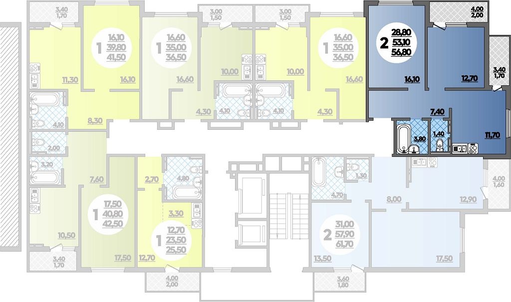 Планировка 2-комнатная 56,8 м²