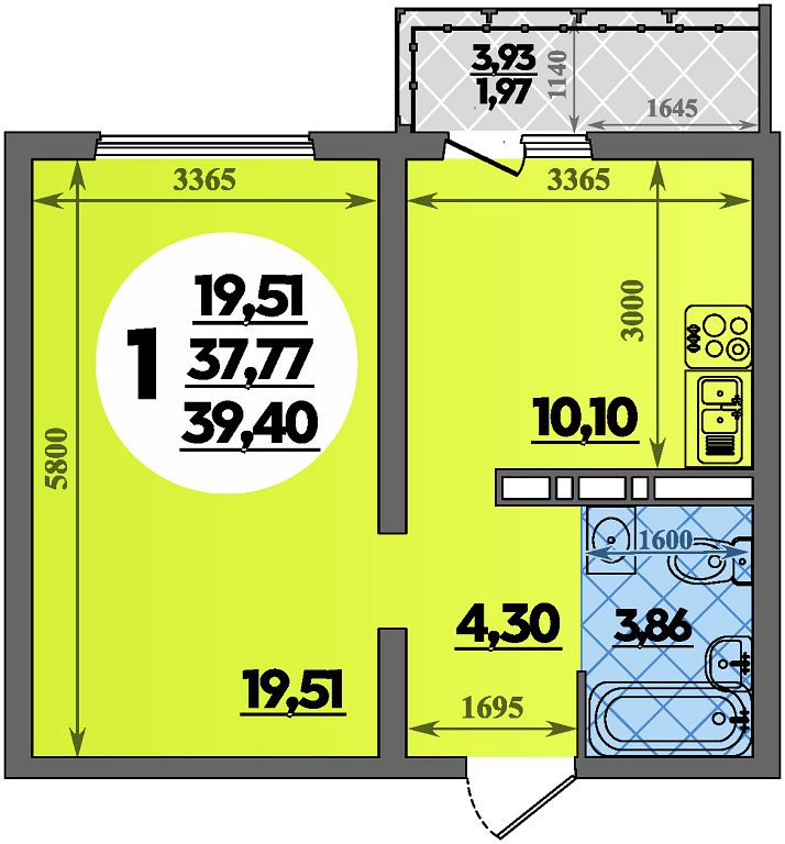 Планировка 1-комнатная 39,4 м²