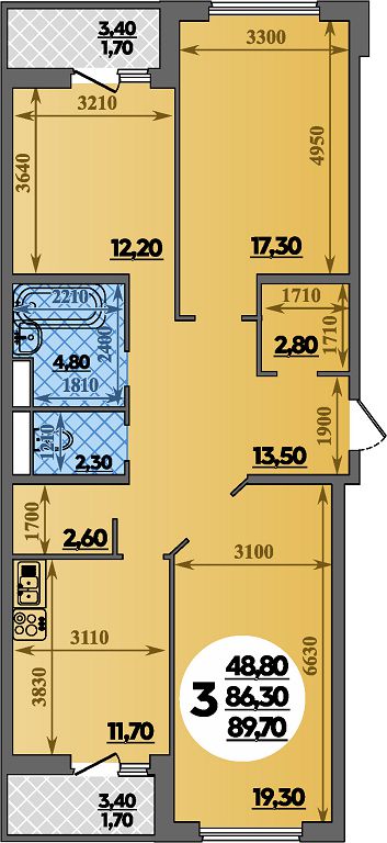 Планировка 3-комнатная 89,7 м²