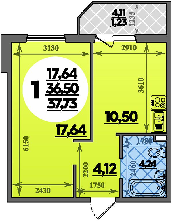 Планировка: 1-комн. квартира 37,7 м²