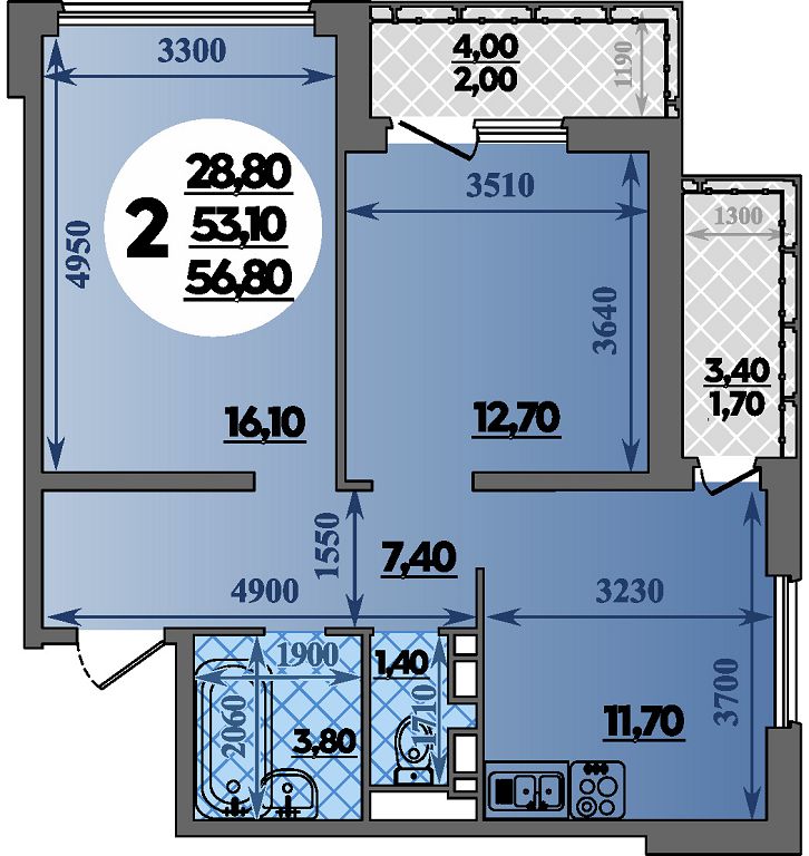 Планировка: 2-комн. квартира 56,8 м²