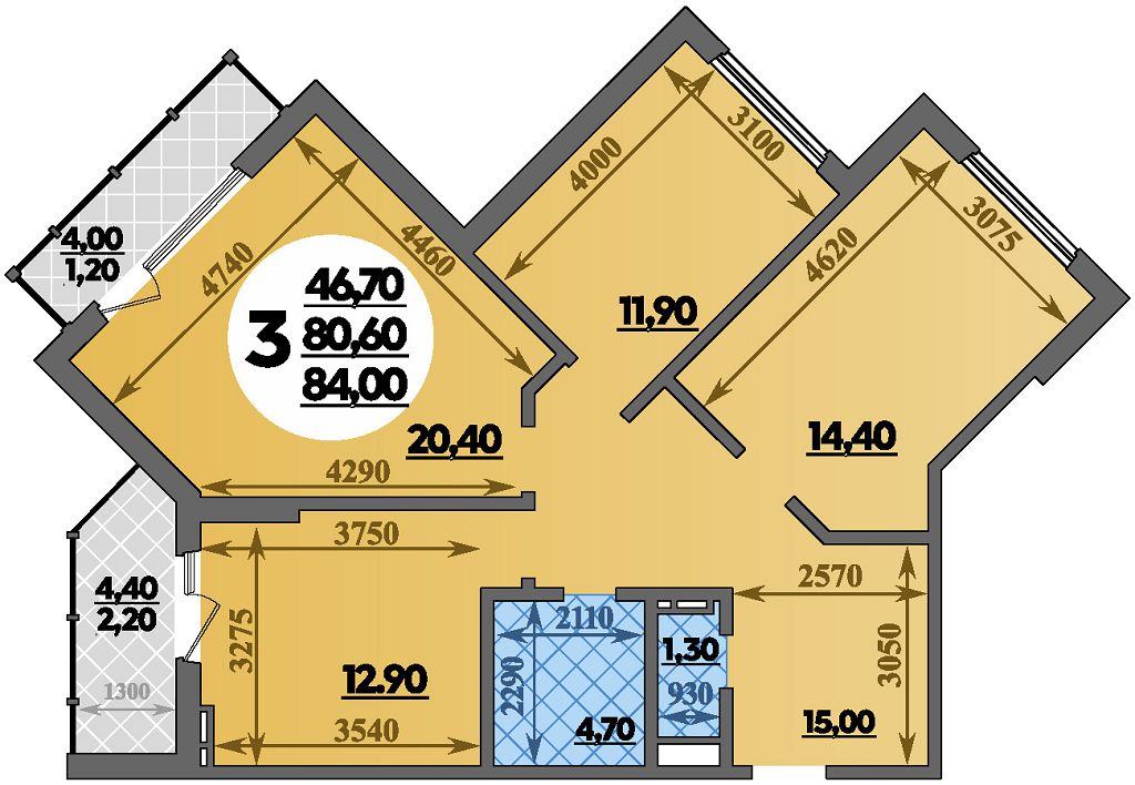 Планировка: 3-комн. квартира 84 м²