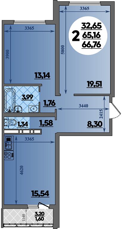 Планировка 2-комнатная 66,76 м²