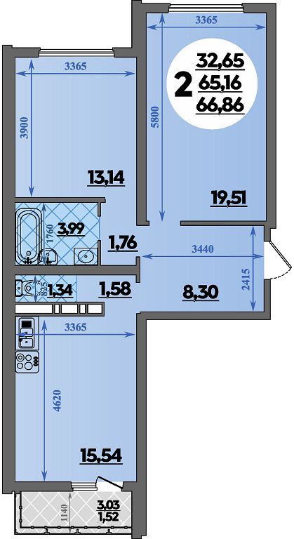 Планировка 2-комнатная 66,68 м²