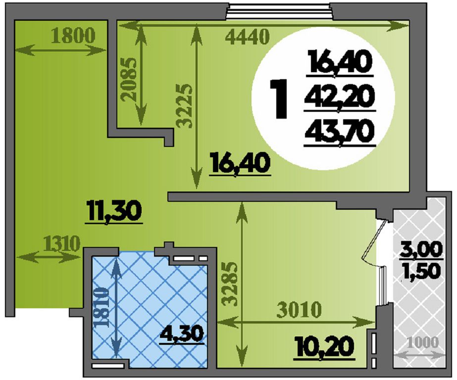 Планировка 1-комнатная 43,7 м²