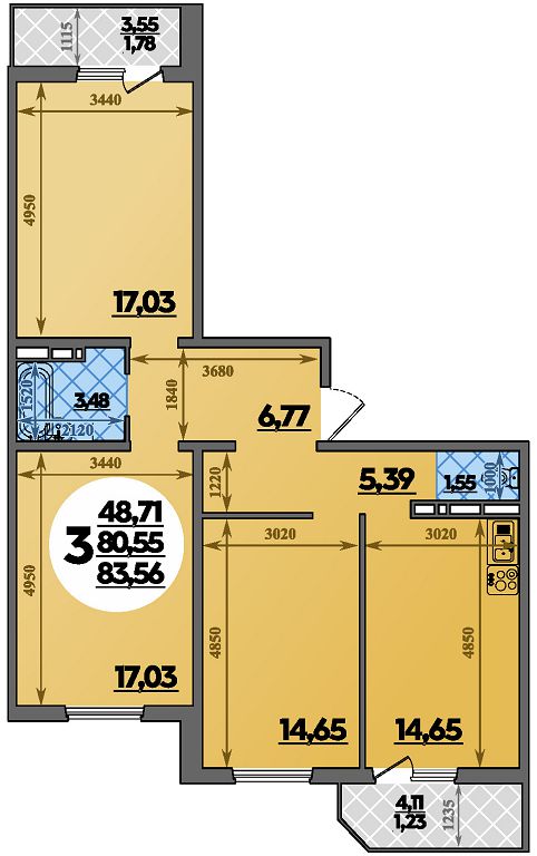 Планировка 3-комнатная 83,56 м²