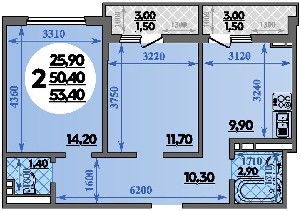 Планировка: 2-комн. квартира 53,4 м²