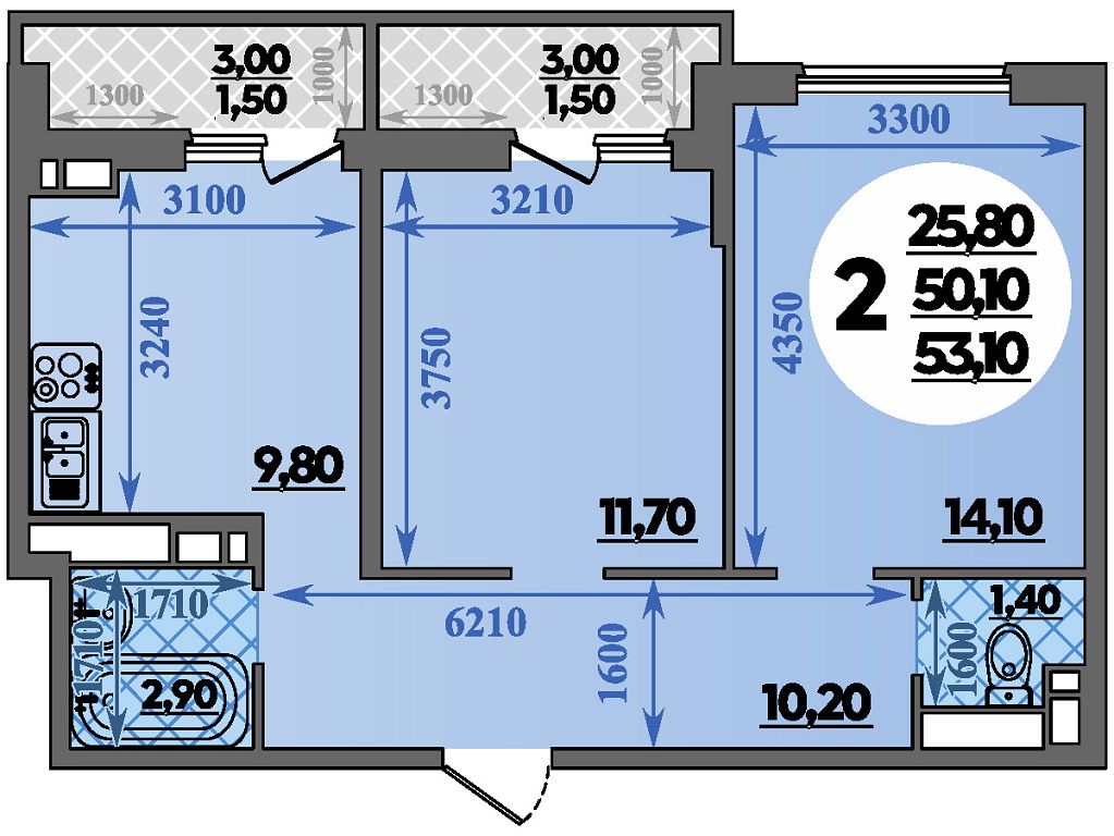 Планировка: 2-комн. квартира 53,1 м²
