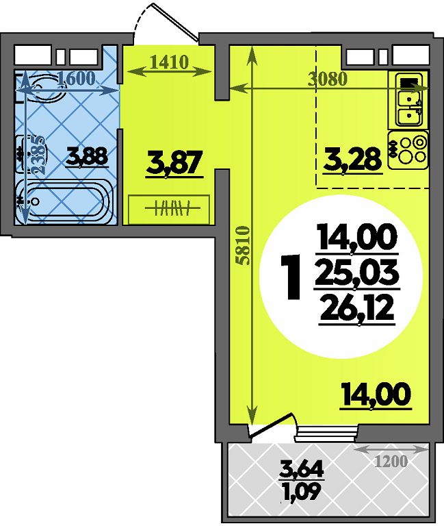 Планировка Студия 26,12 м²