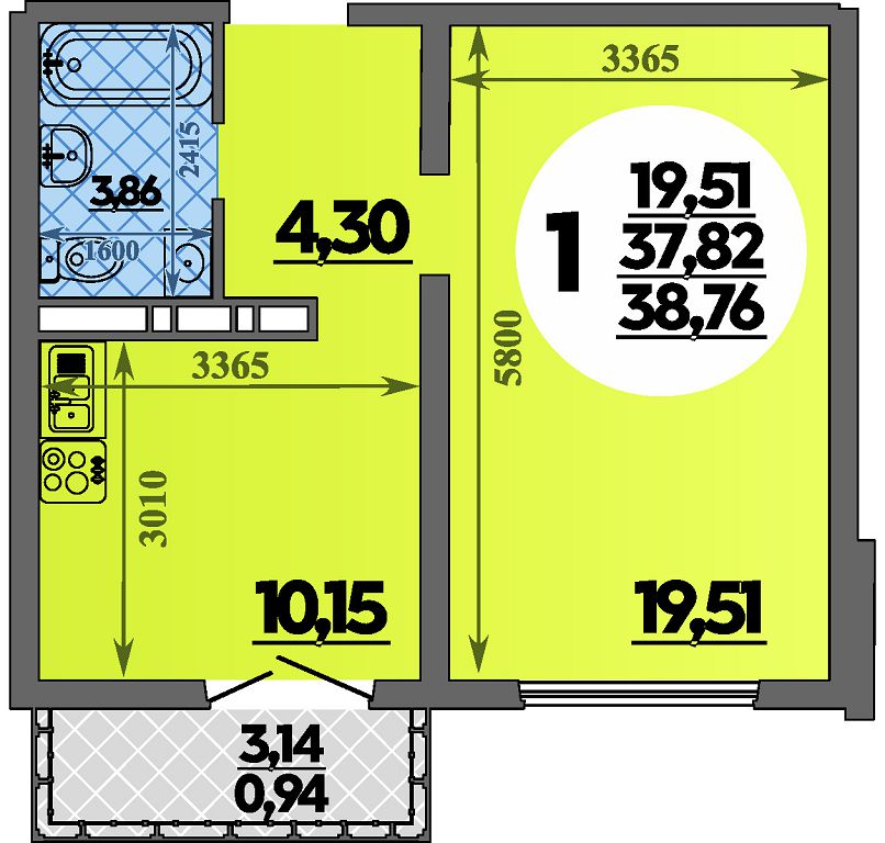 Планировка: 1-комн. квартира 38,8 м²
