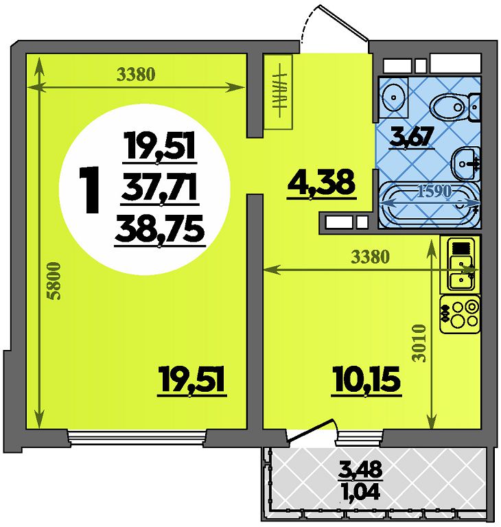 Планировка: 1-комн. квартира 38,8 м²