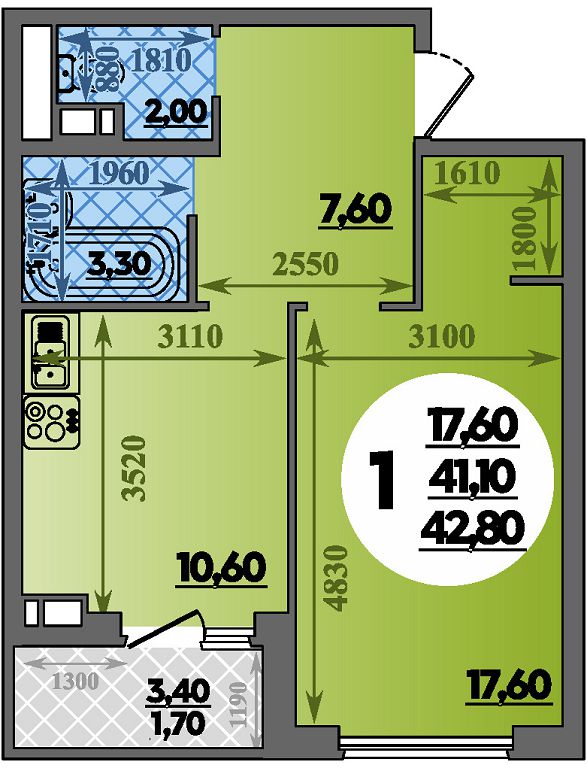 Планировка: 1-комн. квартира 42,8 м²