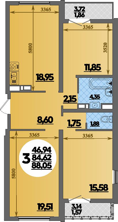 Планировка 3-комнатная 88,05 м²