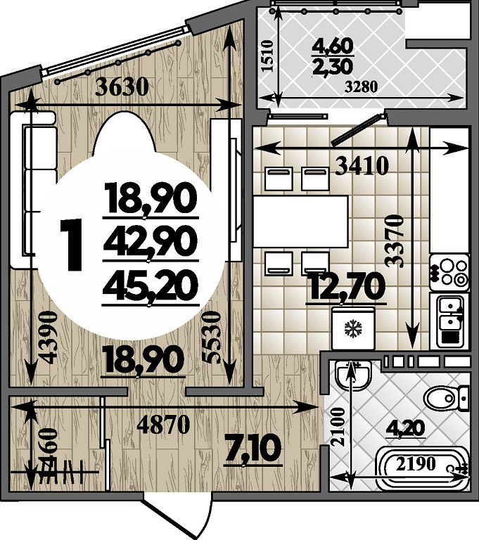 Планировка: 1-комн. квартира 45,2 м²