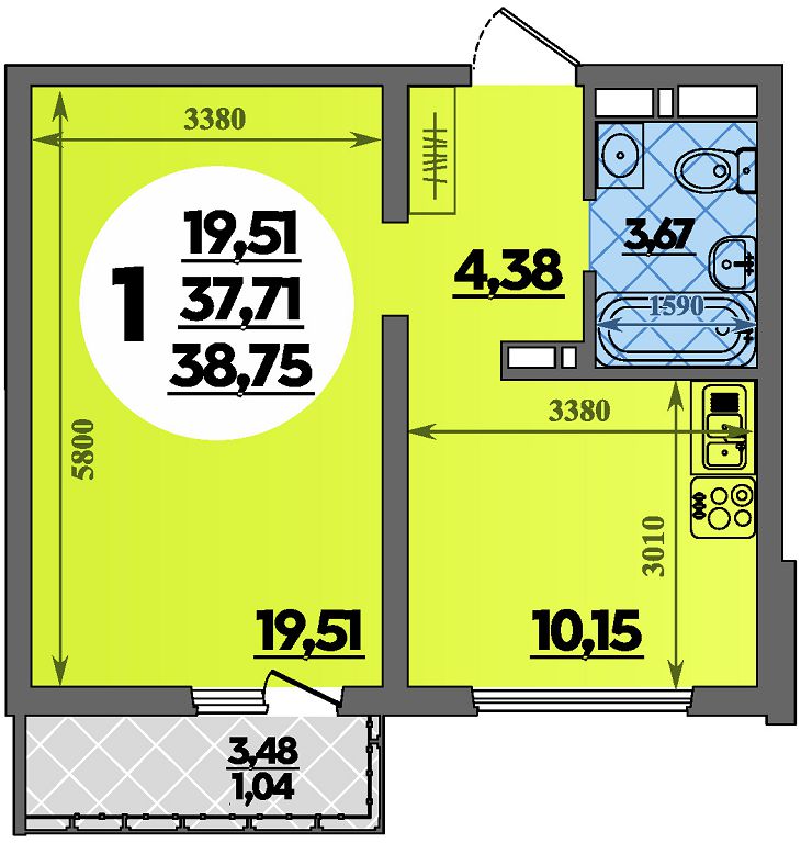 Планировка: 1-комн. квартира 38,8 м²