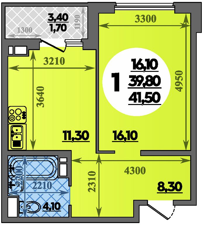 Планировка 1-комнатная 41,5 м²