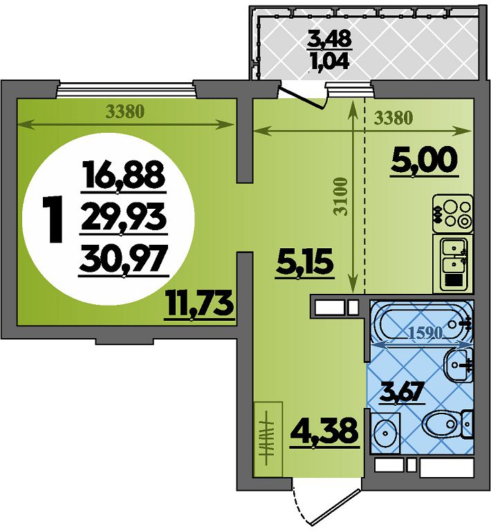 Планировка: Студия 31 м²