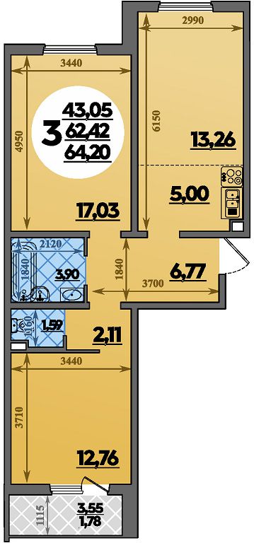 Планировка 3-комнатная 64,2 м²