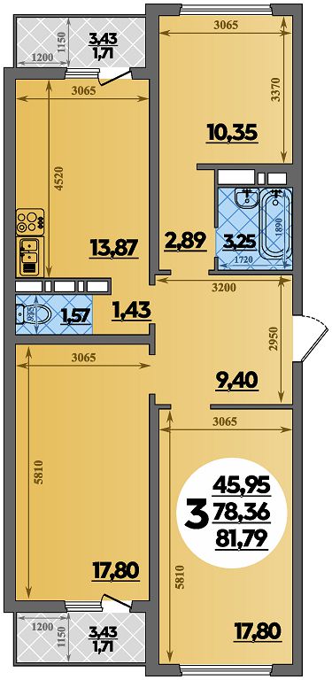 Планировка 3-комнатная 81,79 м²