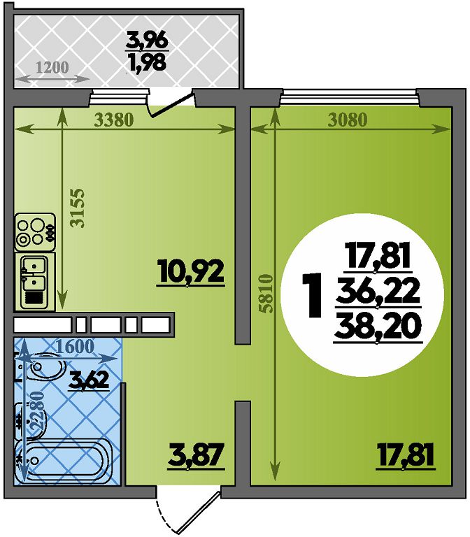 Планировка 1-комнатная 38,2 м²