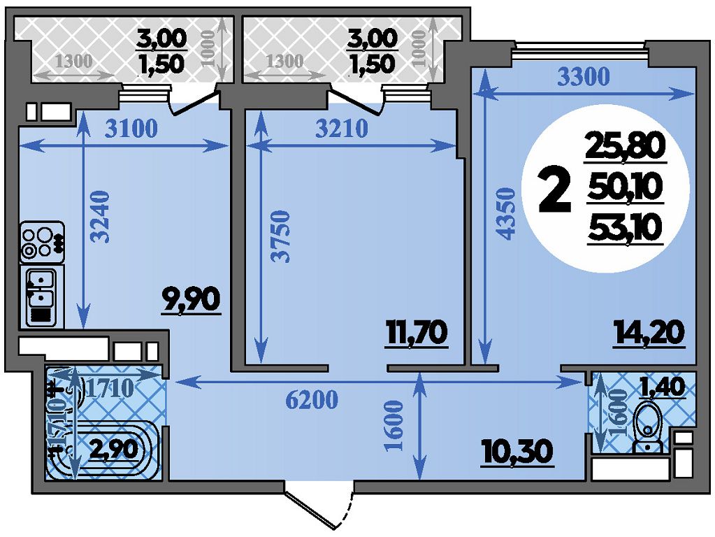Планировка: 2-комн. квартира 53,4 м²