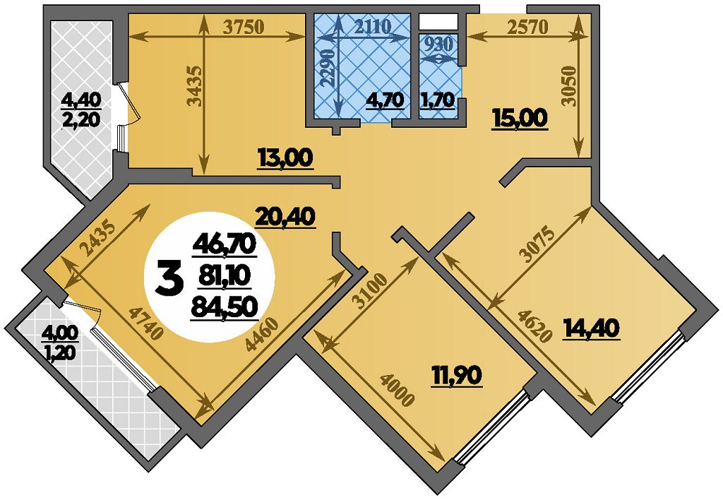 Планировка 3-комнатная 84,5 м²