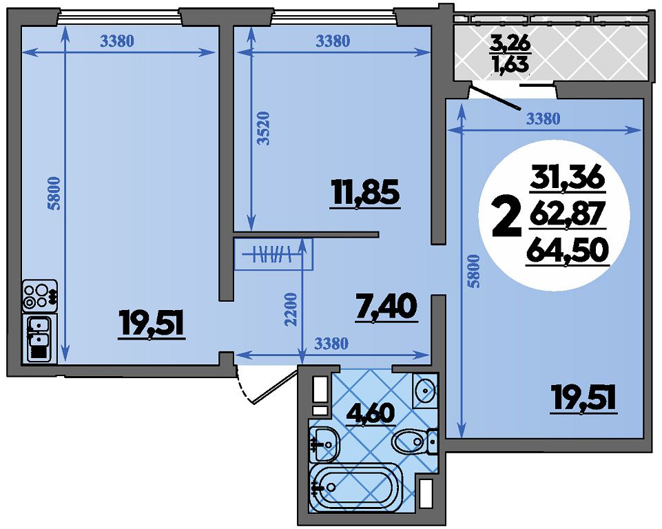 Планировка 2-комнатная 64,5 м²