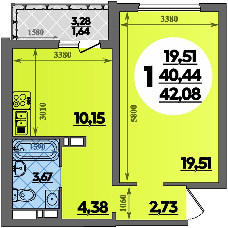Планировка: 1-комн. квартира 42,1 м²