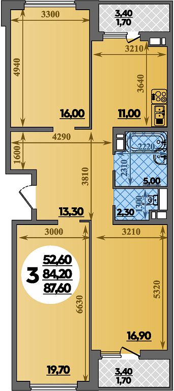 Планировка 3-комнатная 87,6 м²