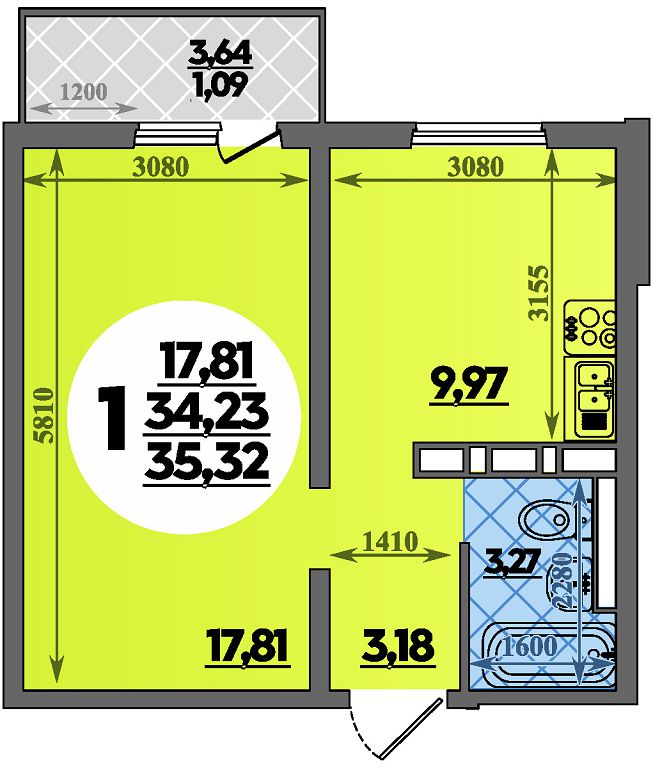 Планировка 1-комнатная 35,32 м²