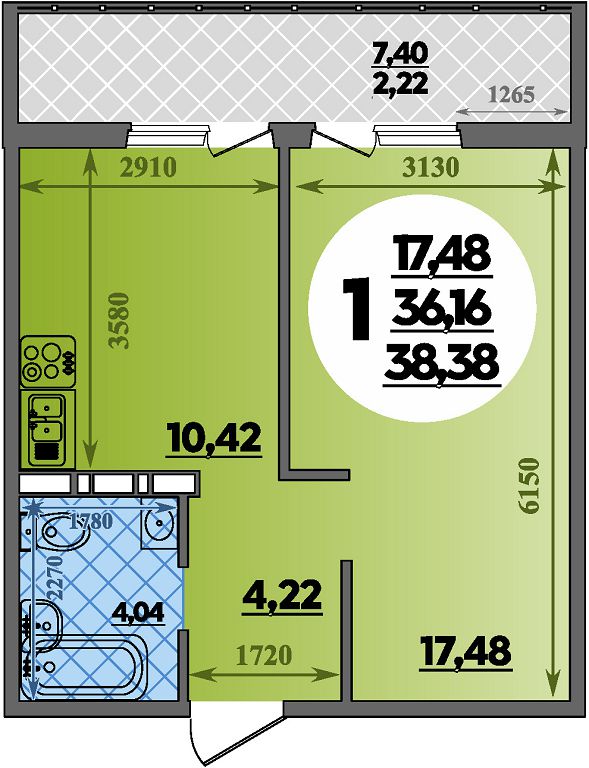 Планировка 1-комнатная 38,38 м²