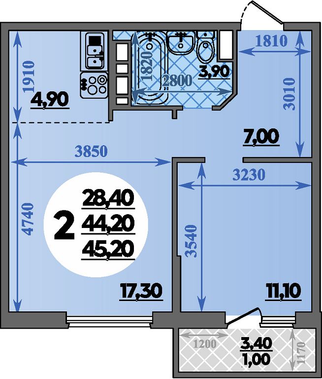 Планировка 2-комнатная 45,2 м²