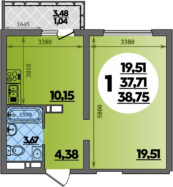 Планировка: 1-комн. квартира 38,8 м²
