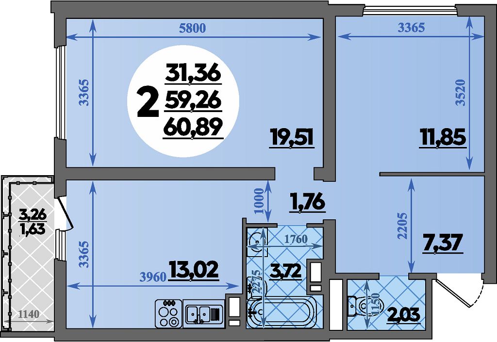 Планировка 2-комнатная 60,89 м²