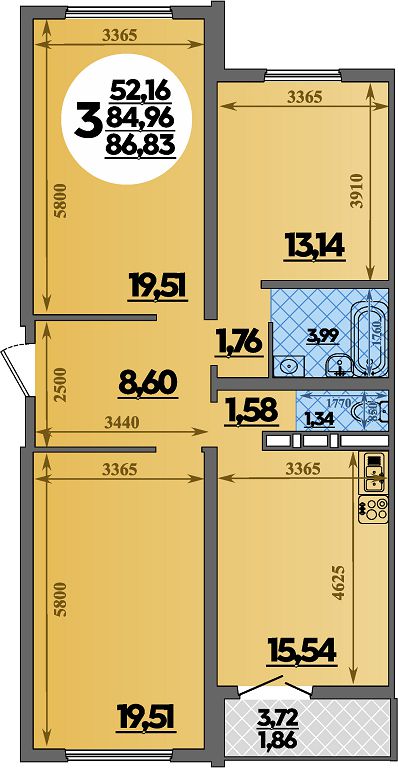 Планировка 3-комнатная 86,83 м²