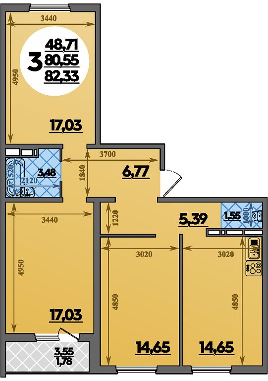 Планировка 3-комнатная 82,33 м²