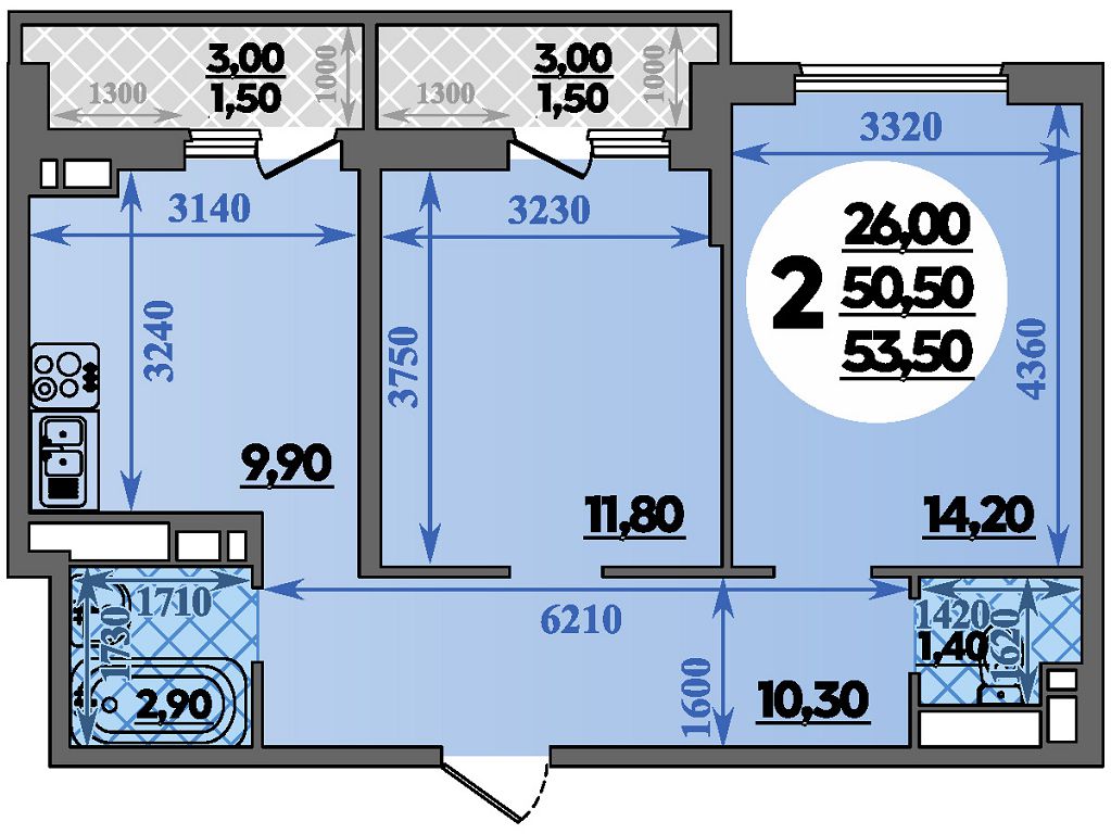 Планировка: 2-комн. квартира 53,5 м²